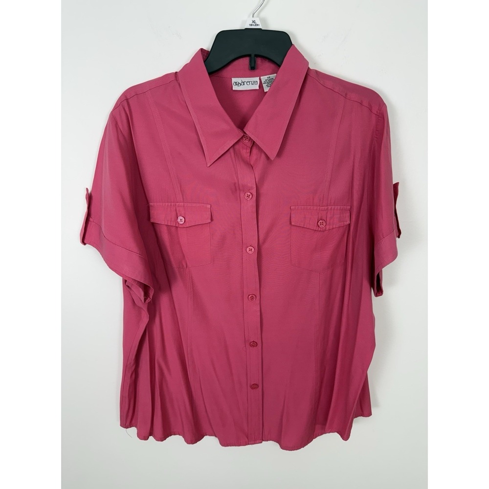 VTG Apparenza Hot Pink Roll Tab Short Sleeve Button Up Chic Classic Beach Top 2X